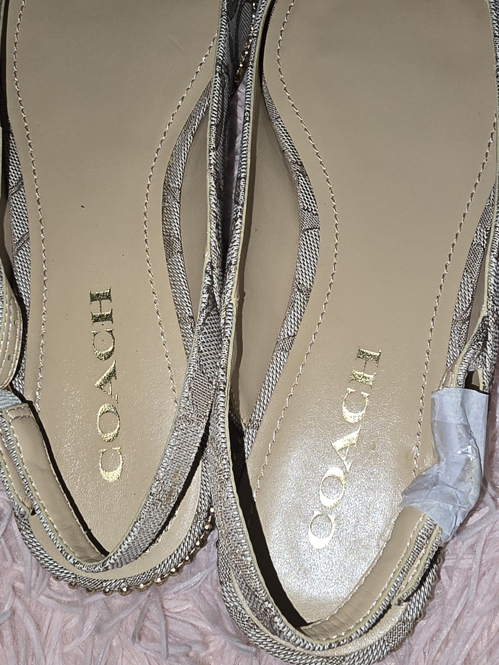Coach Beige Signature Pointed-Toe Slingback Flats with Gold Trim - Picture 3 of 4